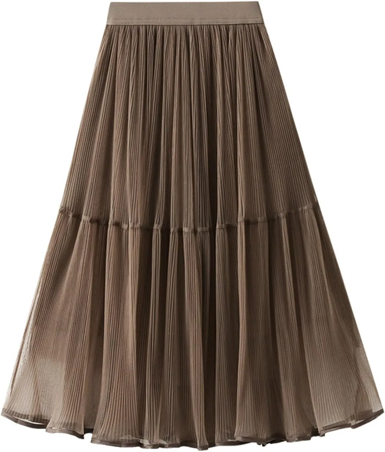 Women's Mesh Tulle Fairy Skirt Elegant Trendy High Waisted A Line Pleated Layered Midi Skirt