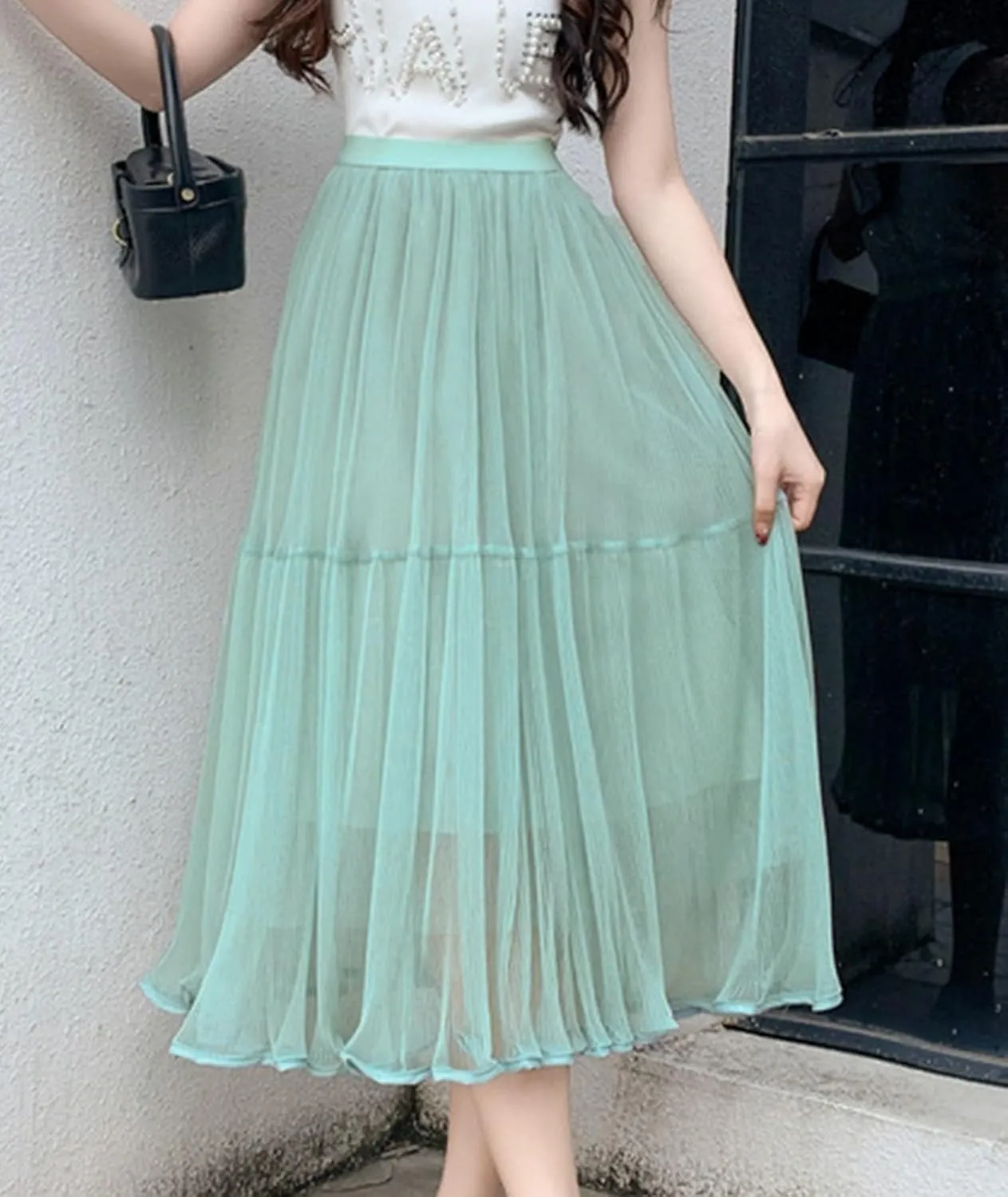Women's Mesh Tulle Fairy Skirt Elegant Trendy High Waisted A Line Pleated Layered Midi Skirt