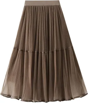 Women's Mesh Tulle Fairy Skirt Elegant Trendy High Waisted A Line Pleated Layered Midi Skirt