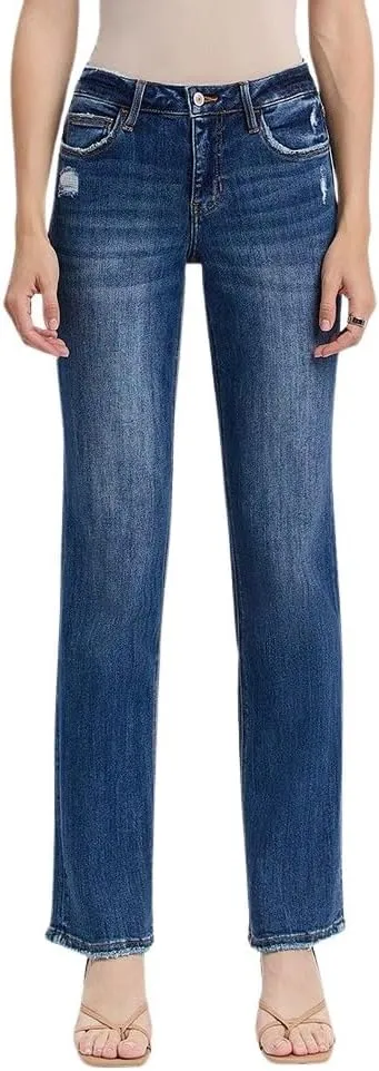 Women's Mid-Rise Slightly Distressed Straight Jeans