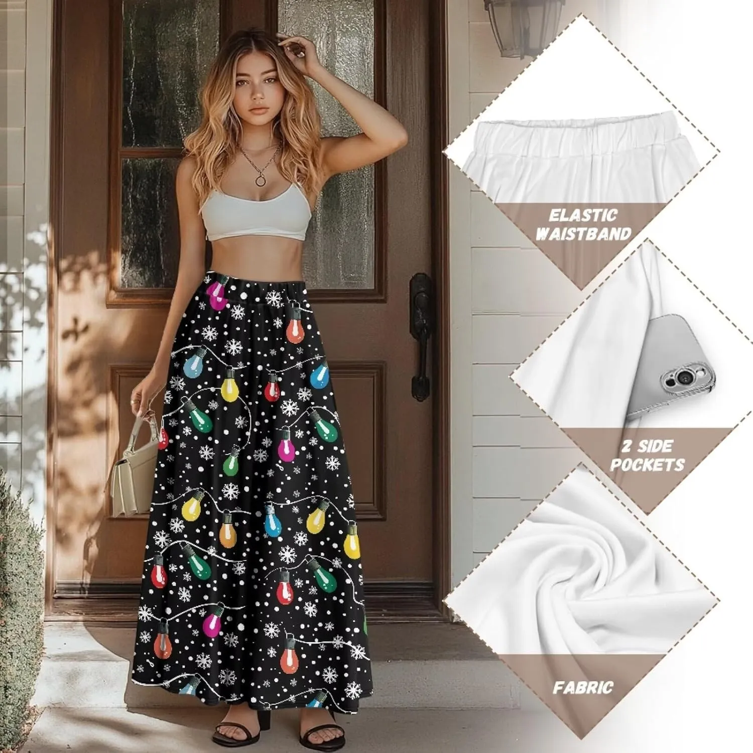 Womens Midi Long Length Skirts Summer Fall High Waist Skirts Lightweight Elegant Skirts Printed Double Pocket Skirt
