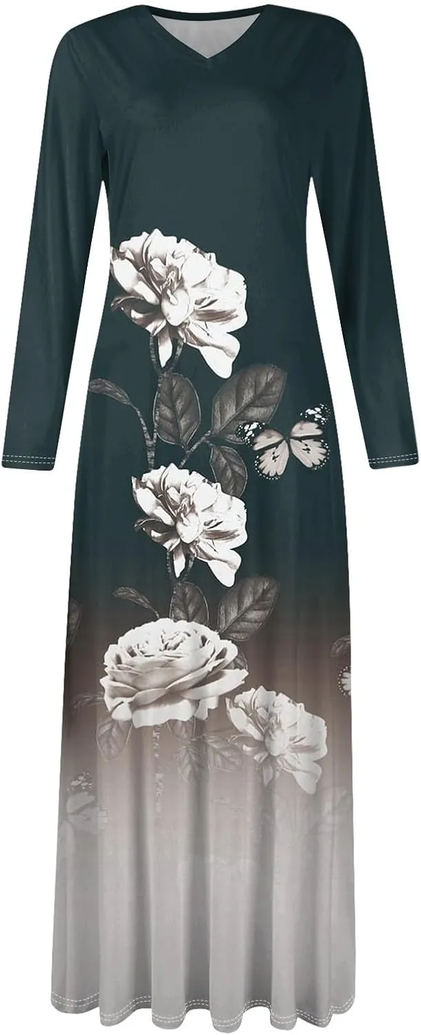 Women's Party Dresses 2025 Summer Casual Loose Trendy V-Neck Long Sleeve Solid Boho Floral Print Maxi Dress Plus Size, S-3XL