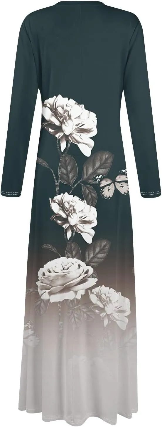 Women's Party Dresses 2025 Summer Casual Loose Trendy V-Neck Long Sleeve Solid Boho Floral Print Maxi Dress Plus Size, S-3XL