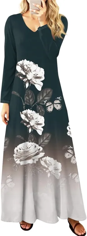 Women's Party Dresses 2025 Summer Casual Loose Trendy V-Neck Long Sleeve Solid Boho Floral Print Maxi Dress Plus Size, S-3XL