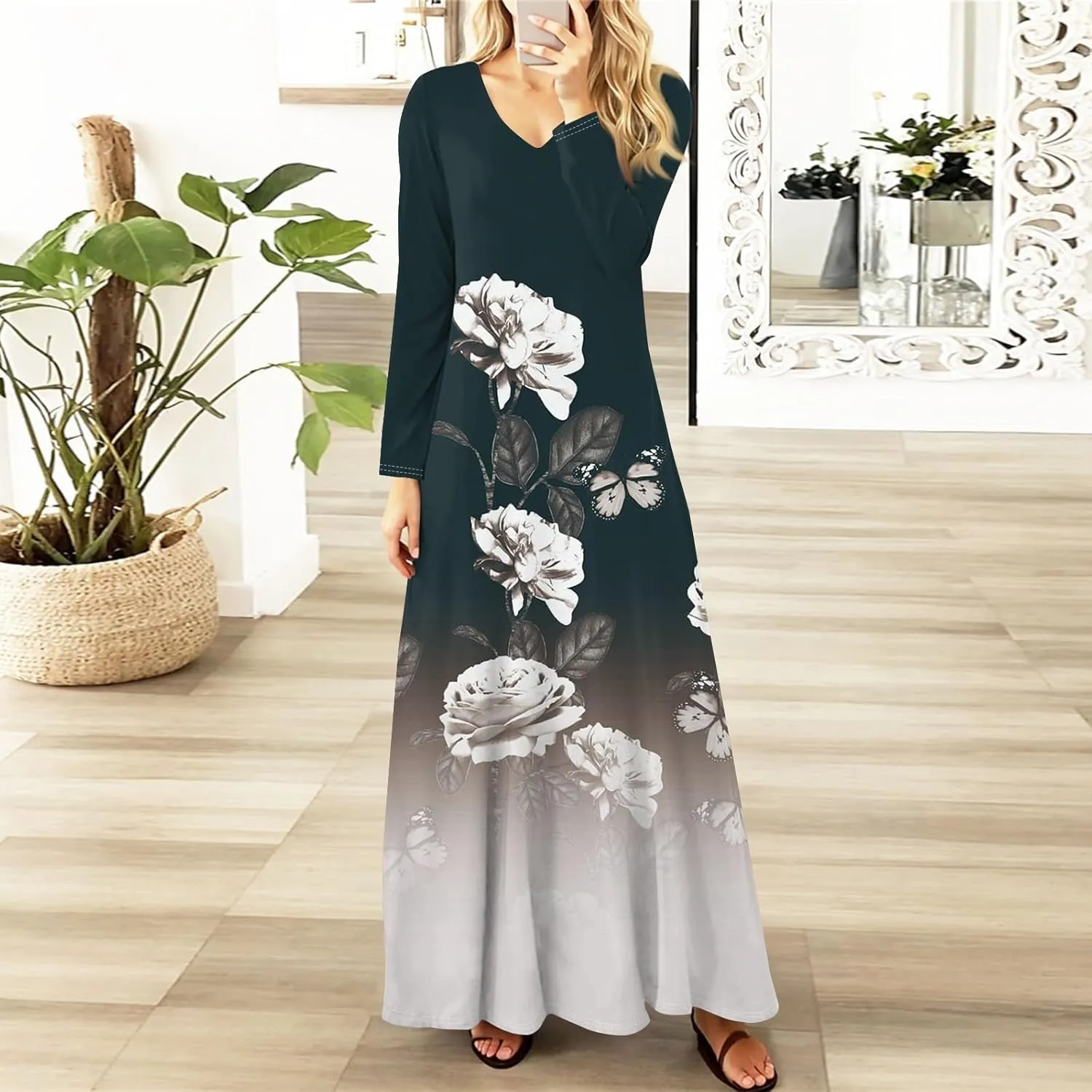 Women's Party Dresses 2025 Summer Casual Loose Trendy V-Neck Long Sleeve Solid Boho Floral Print Maxi Dress Plus Size, S-3XL