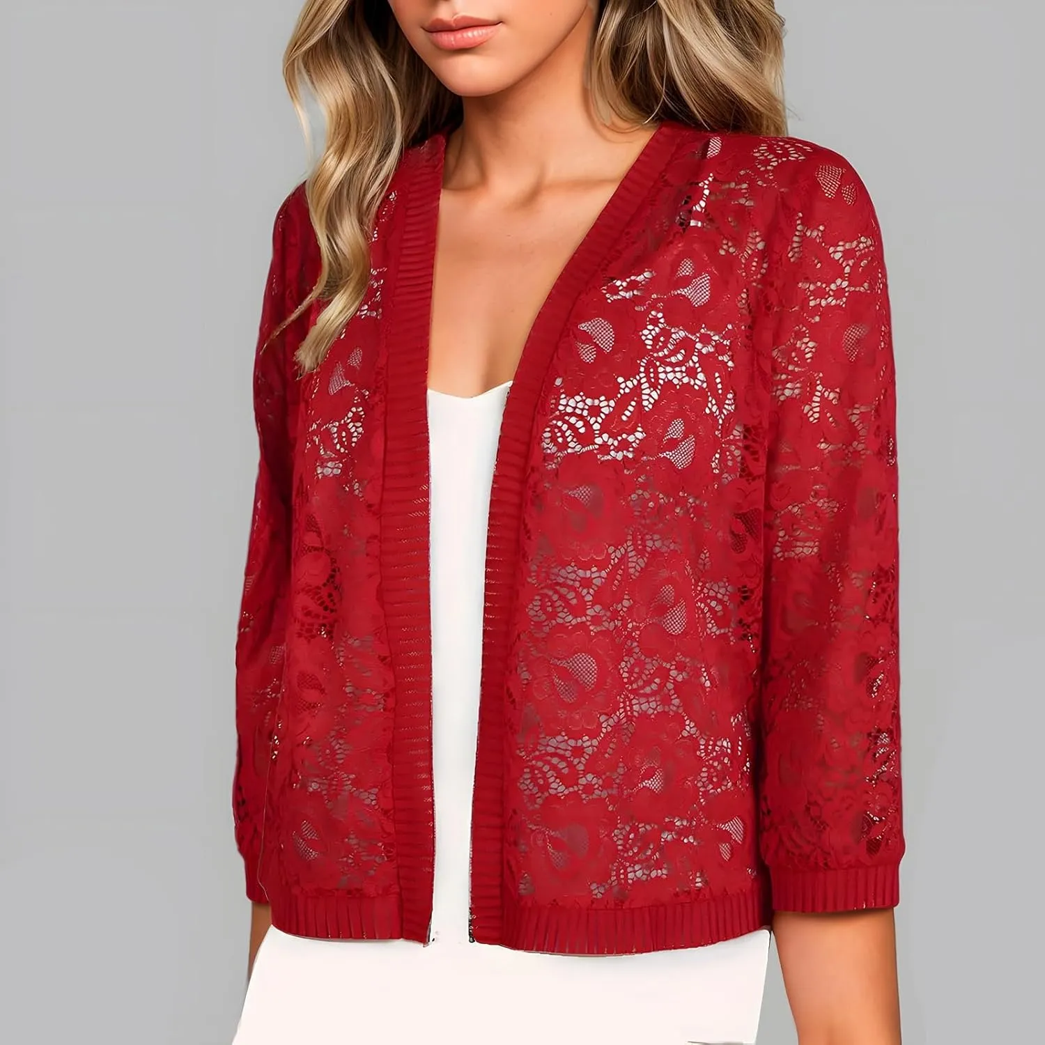Womens Plus Size Cropped Cardigans Lightweight 3/4 Sleeve Lace Crochet Shrug Dressy Casual Sheer Cover Up Tops