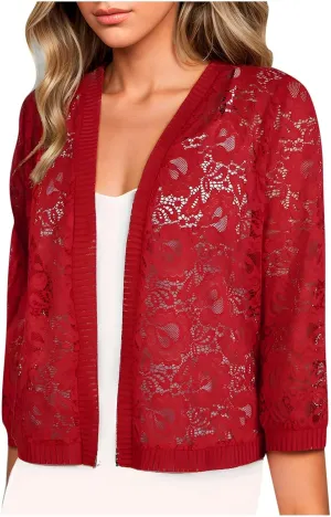 Womens Plus Size Cropped Cardigans Lightweight 3/4 Sleeve Lace Crochet Shrug Dressy Casual Sheer Cover Up Tops
