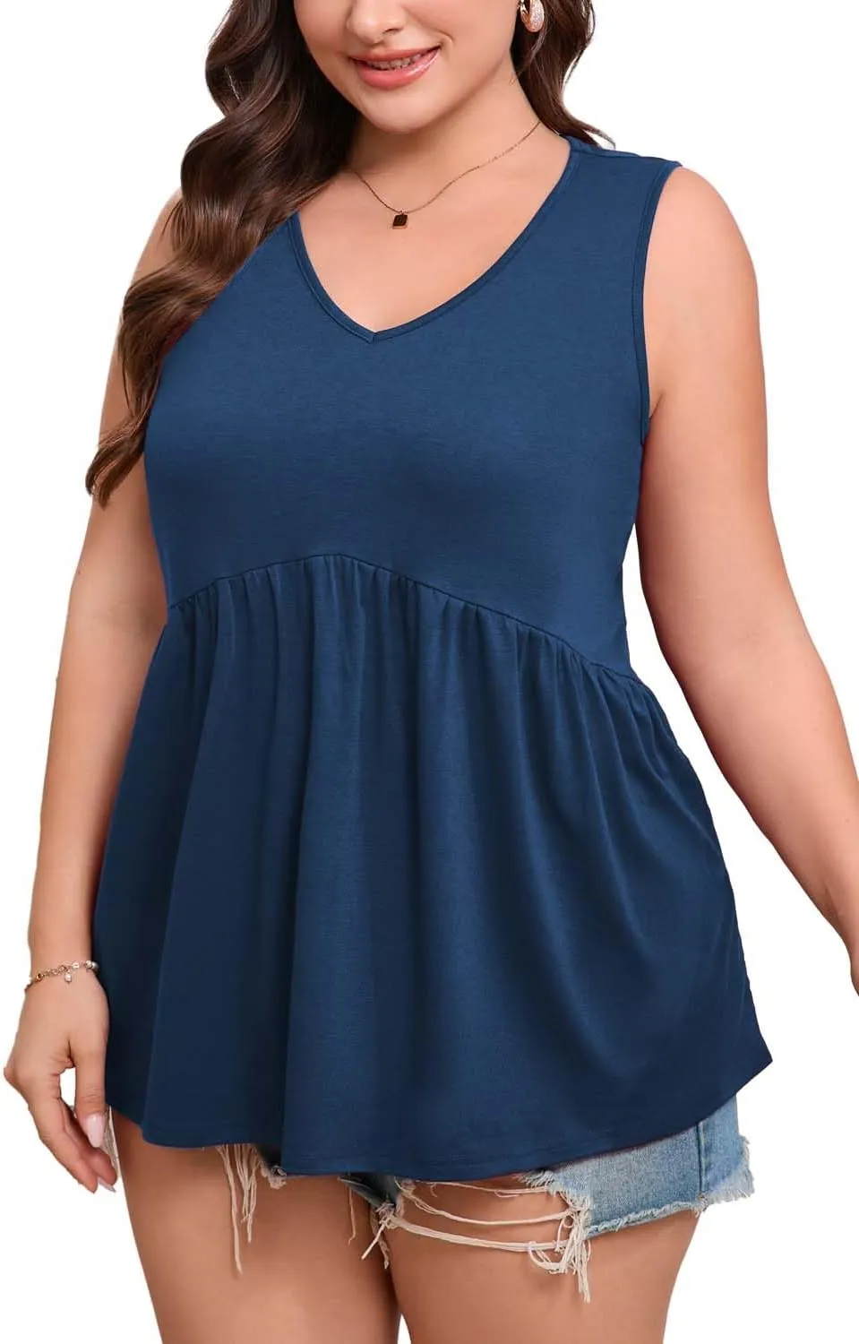 Women's Plus Size Tank Tops 2025 Sleeveless Pleated V Neck Blouse Casual Loose Fit Summer Tops for Curvy Women