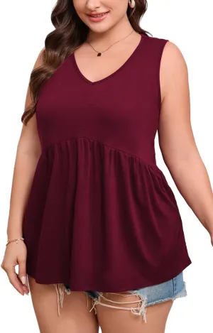 Women's Plus Size Tank Tops 2025 Sleeveless Pleated V Neck Blouse Casual Loose Fit Summer Tops for Curvy Women