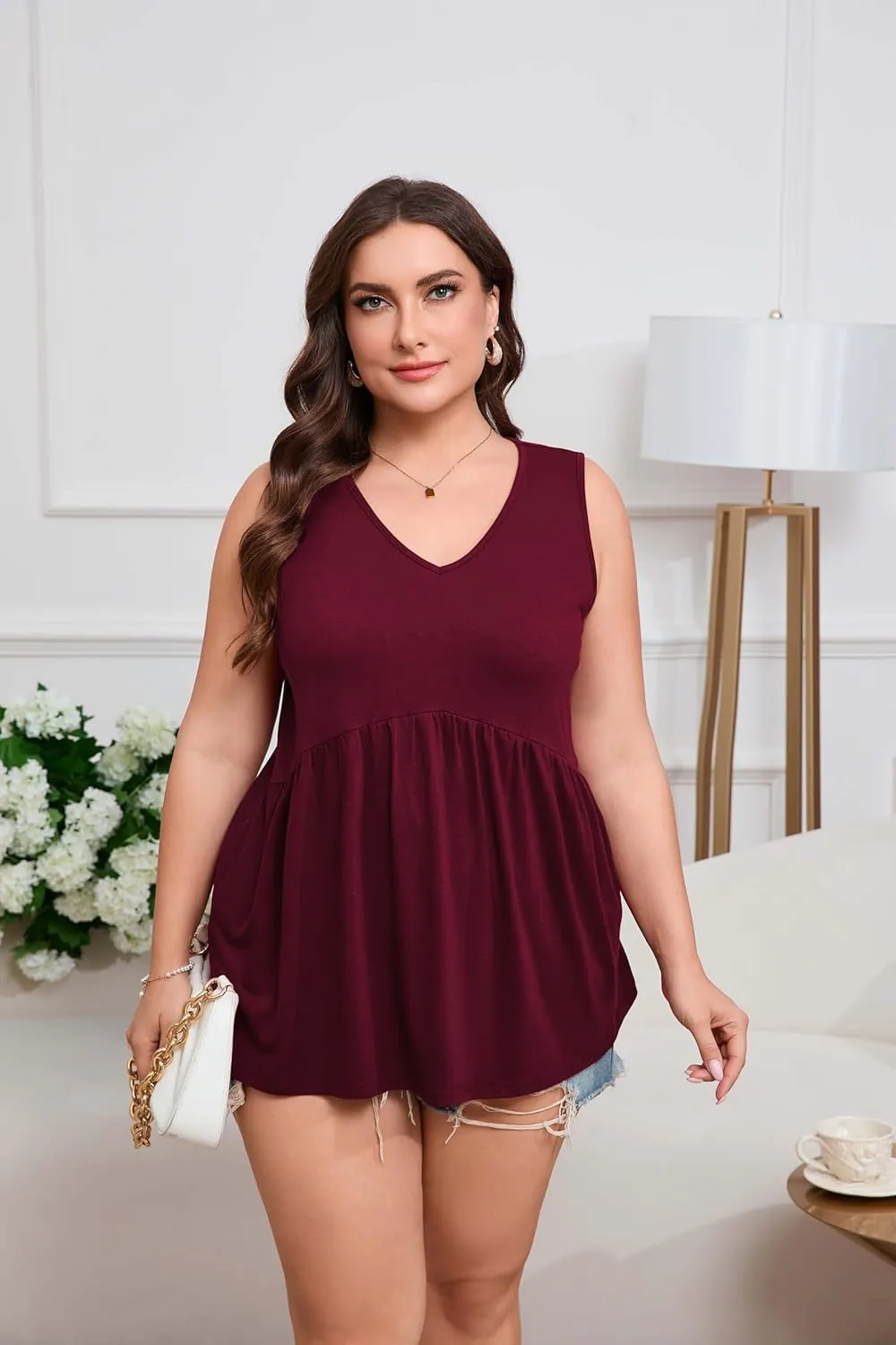 Women's Plus Size Tank Tops 2025 Sleeveless Pleated V Neck Blouse Casual Loose Fit Summer Tops for Curvy Women