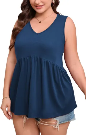 Women's Plus Size Tank Tops 2025 Sleeveless Pleated V Neck Blouse Casual Loose Fit Summer Tops for Curvy Women