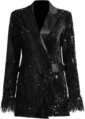 Women's Sequin Jacket Blazer Glitter Sparkly Long Sleeved Feather Slim Coat with Pocket Long Blazers