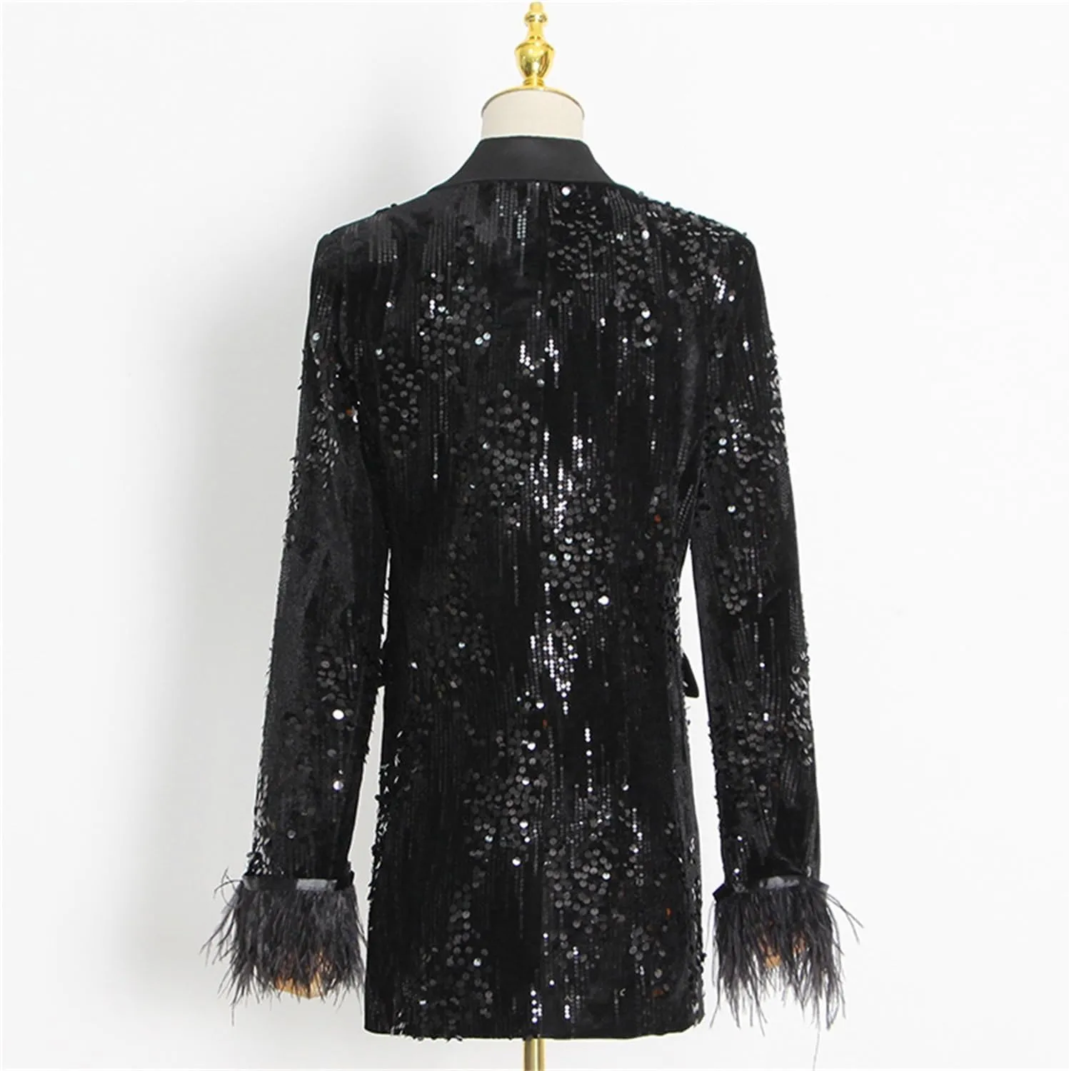 Women's Sequin Jacket Blazer Glitter Sparkly Long Sleeved Feather Slim Coat with Pocket Long Blazers