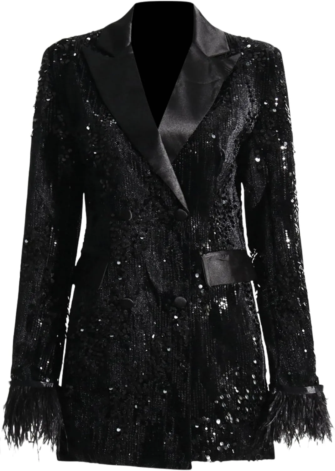 Women's Sequin Jacket Blazer Glitter Sparkly Long Sleeved Feather Slim Coat with Pocket Long Blazers