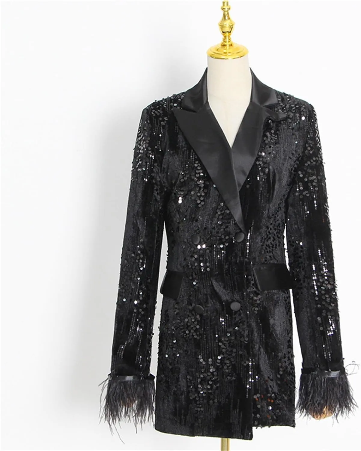 Women's Sequin Jacket Blazer Glitter Sparkly Long Sleeved Feather Slim Coat with Pocket Long Blazers