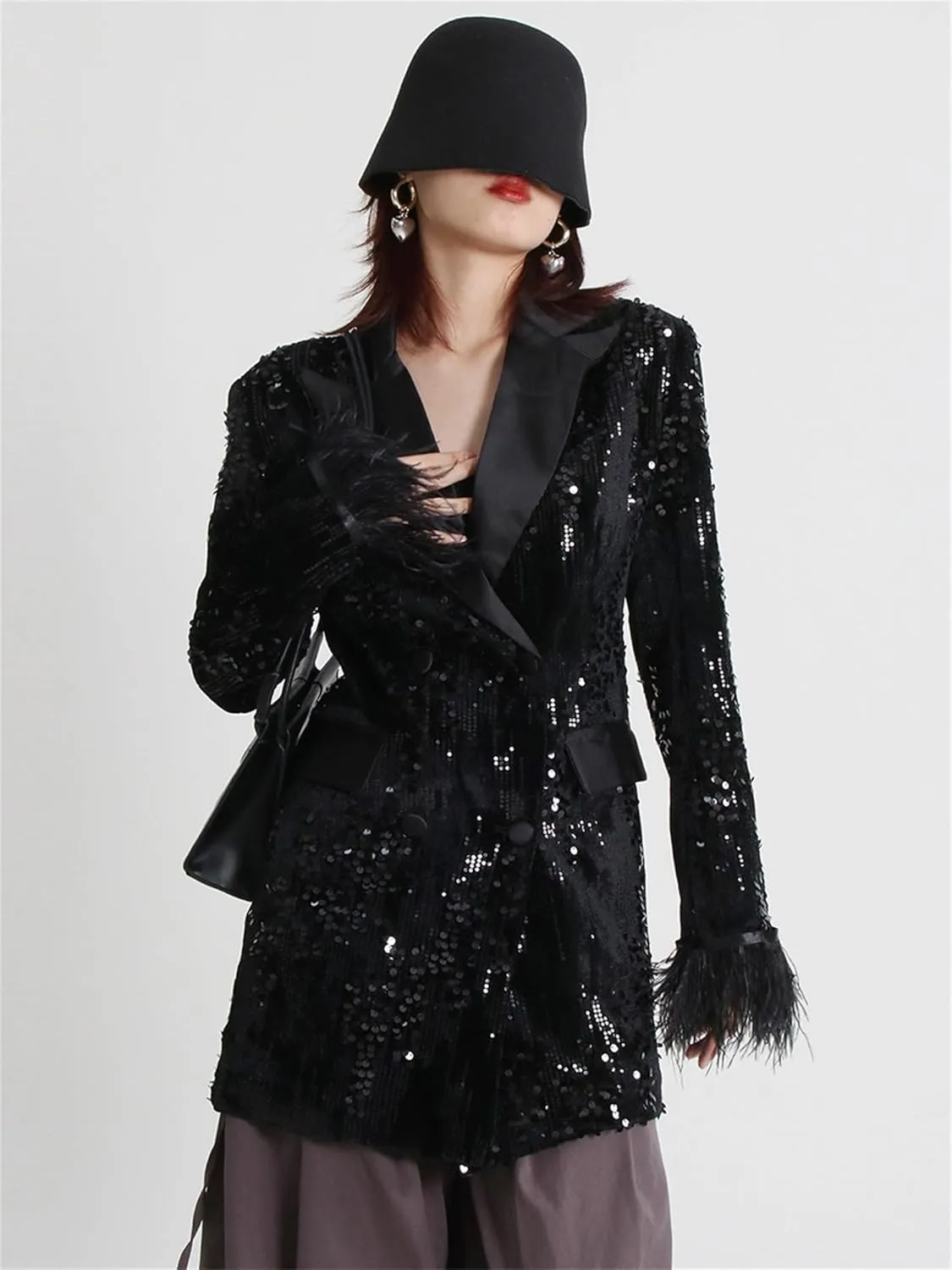 Women's Sequin Jacket Blazer Glitter Sparkly Long Sleeved Feather Slim Coat with Pocket Long Blazers