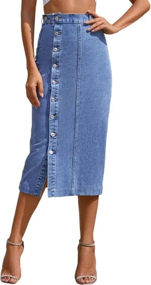 Women's Side Button Down Slit Denim Long Skirt High Waist Casual Bodycon Pencil Jean Split Thigh Mid Skirt