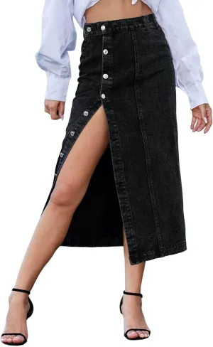 Women's Side Button Down Slit Denim Long Skirt High Waist Casual Bodycon Pencil Jean Split Thigh Mid Skirt