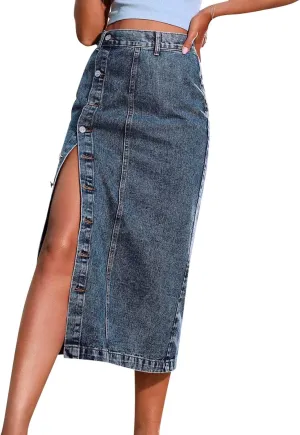 Women's Side Button Down Slit Denim Long Skirt High Waist Casual Bodycon Pencil Jean Split Thigh Mid Skirt