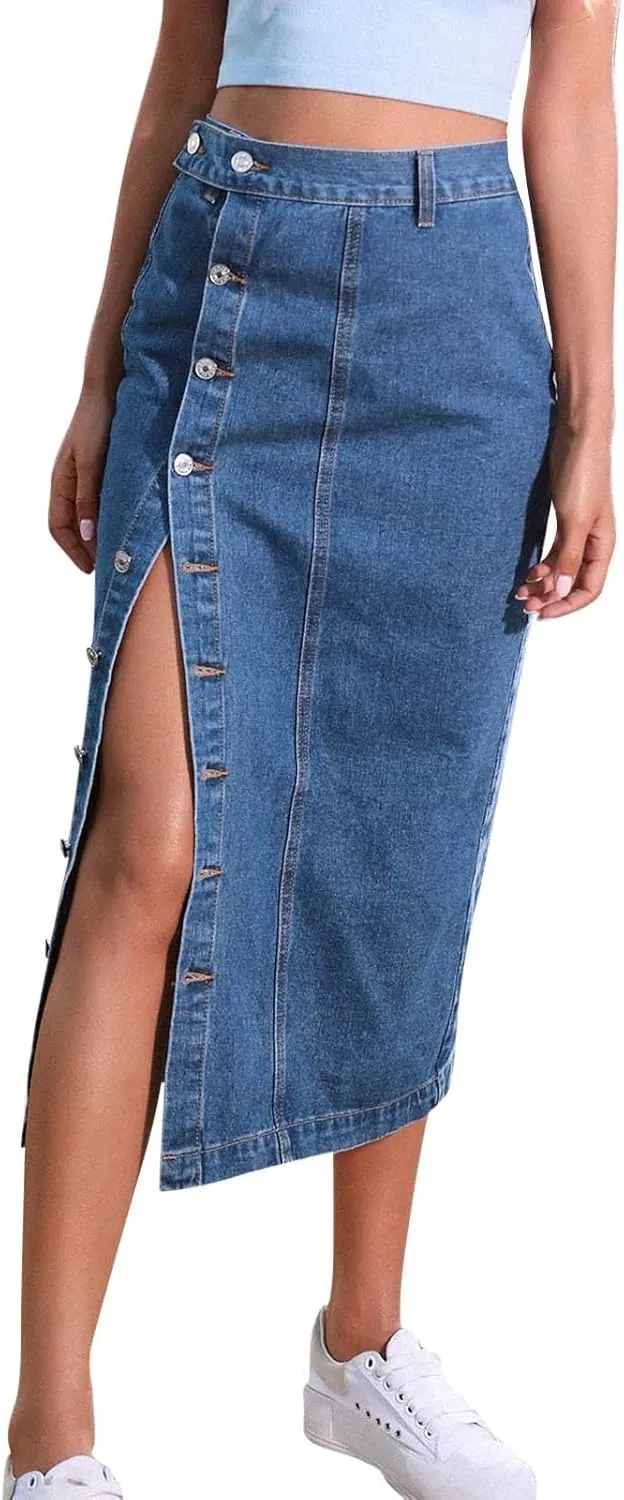 Women's Side Button Down Slit Denim Long Skirt High Waist Casual Bodycon Pencil Jean Split Thigh Mid Skirt