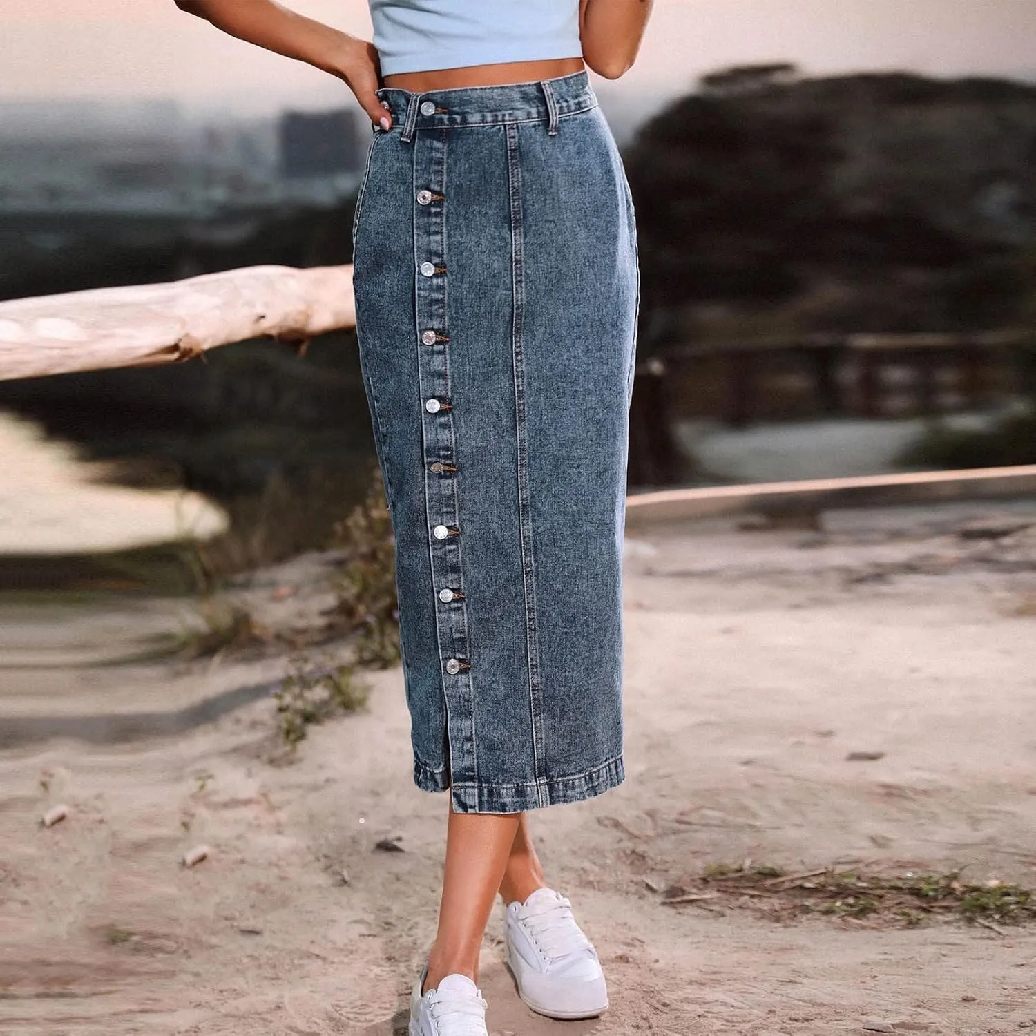 Women's Side Button Down Slit Denim Long Skirt High Waist Casual Bodycon Pencil Jean Split Thigh Mid Skirt