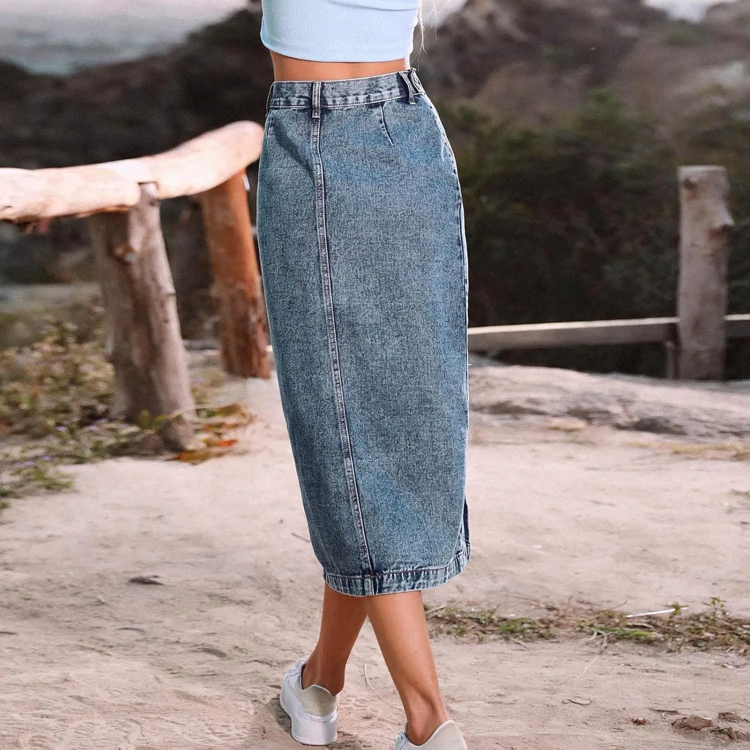 Women's Side Button Down Slit Denim Long Skirt High Waist Casual Bodycon Pencil Jean Split Thigh Mid Skirt