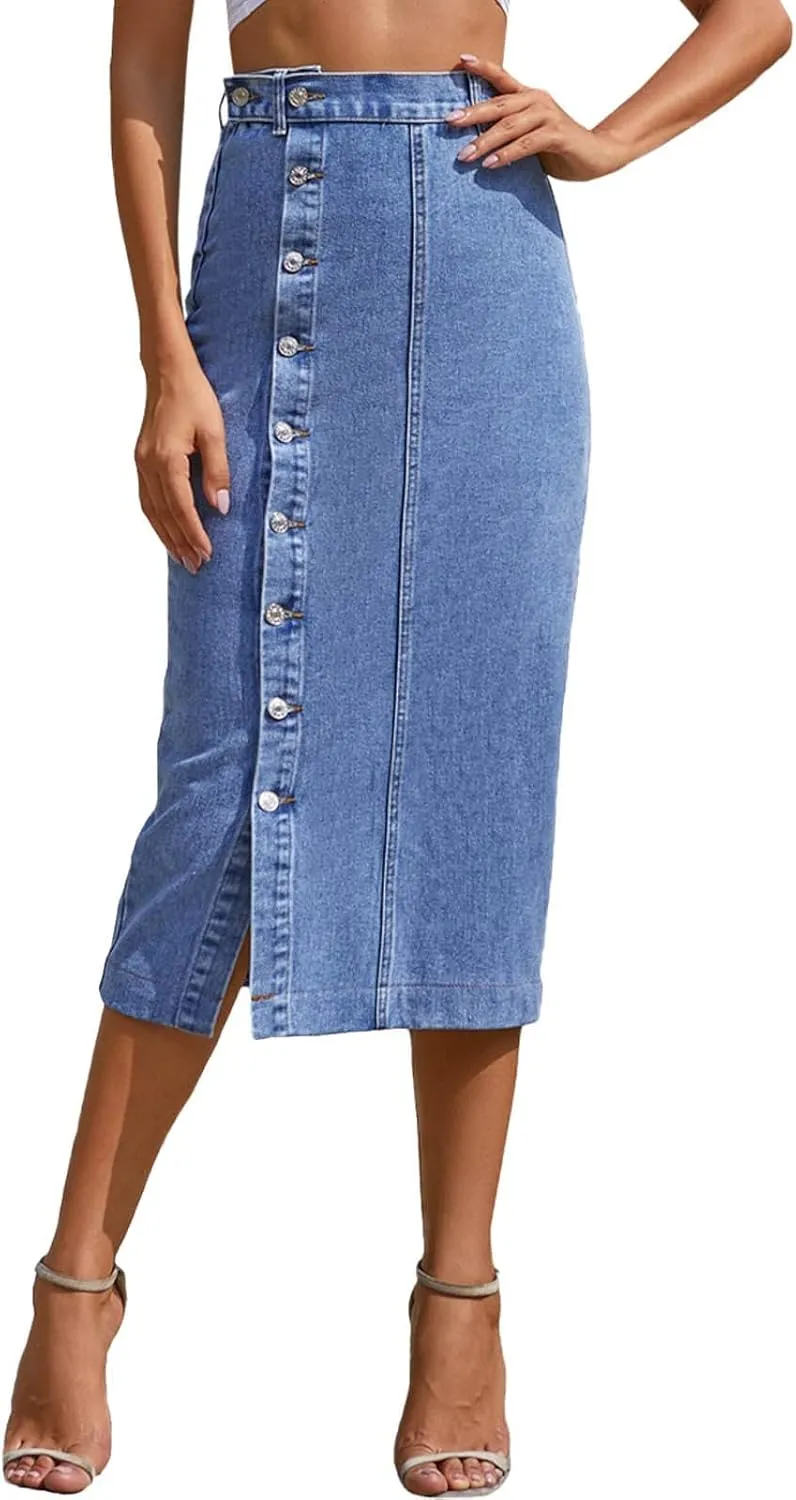 Women's Side Button Down Slit Denim Long Skirt High Waist Casual Bodycon Pencil Jean Split Thigh Mid Skirt