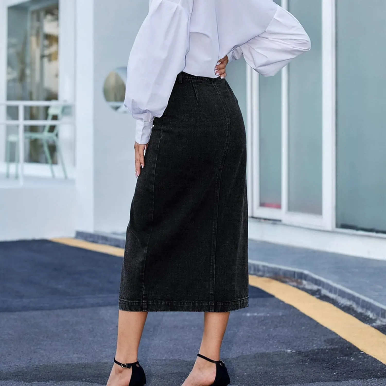 Women's Side Button Down Slit Denim Long Skirt High Waist Casual Bodycon Pencil Jean Split Thigh Mid Skirt