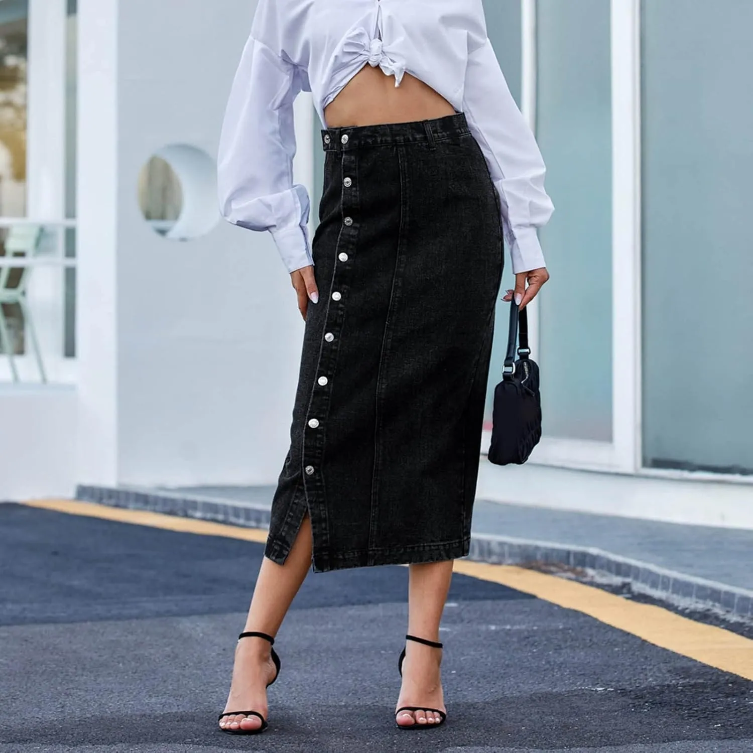 Women's Side Button Down Slit Denim Long Skirt High Waist Casual Bodycon Pencil Jean Split Thigh Mid Skirt