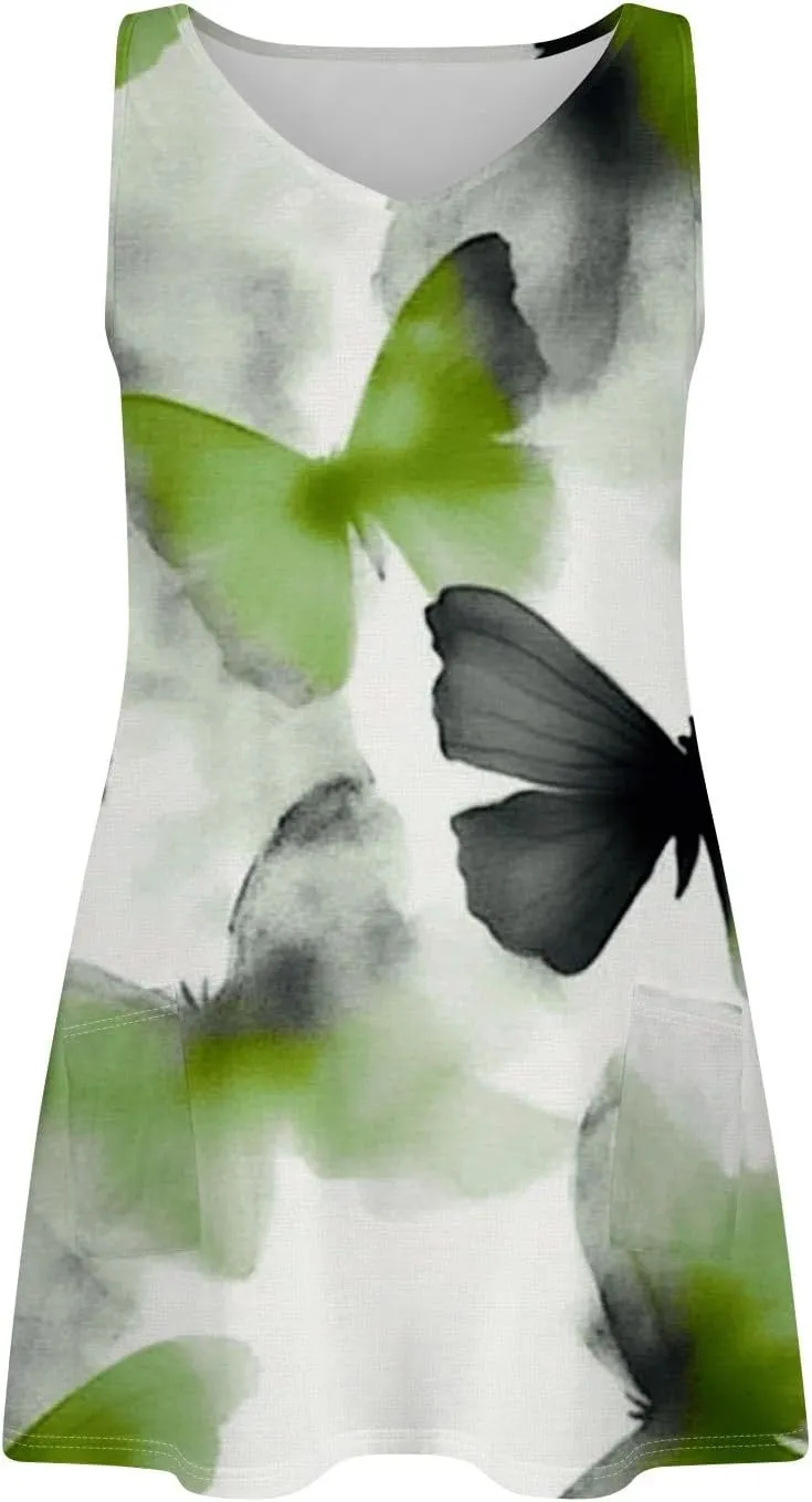 Women's Sleeveless Floral Print Summer Dress, Casual V-Neck A-Line Summer for Beach and Vacation