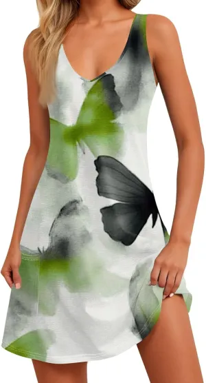 Women's Sleeveless Floral Print Summer Dress, Casual V-Neck A-Line Summer for Beach and Vacation