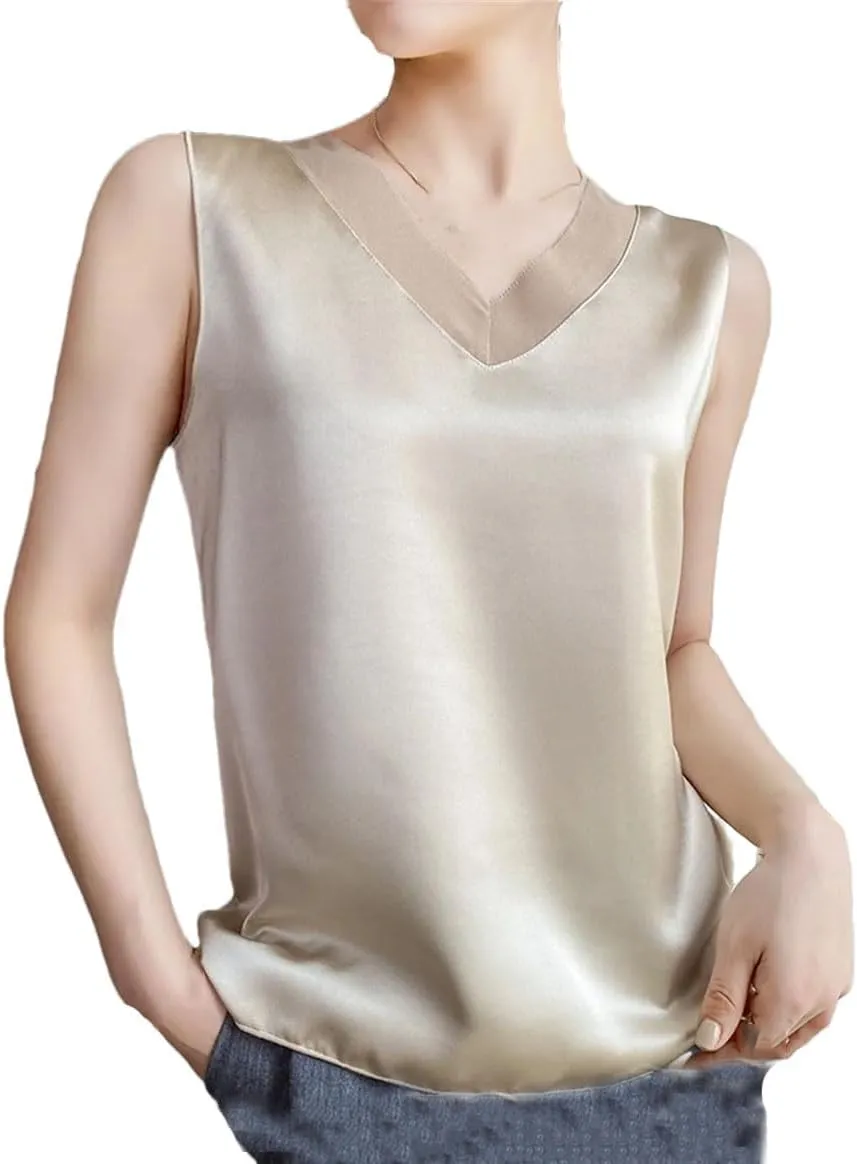 Women's Sleeveless Mulberry-Silk Camisole Summer V-Neck Satin Tank Tops Inside Vest