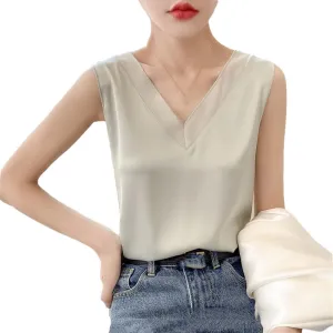 Women's Sleeveless Mulberry-Silk Camisole Summer V-Neck Satin Tank Tops Inside Vest