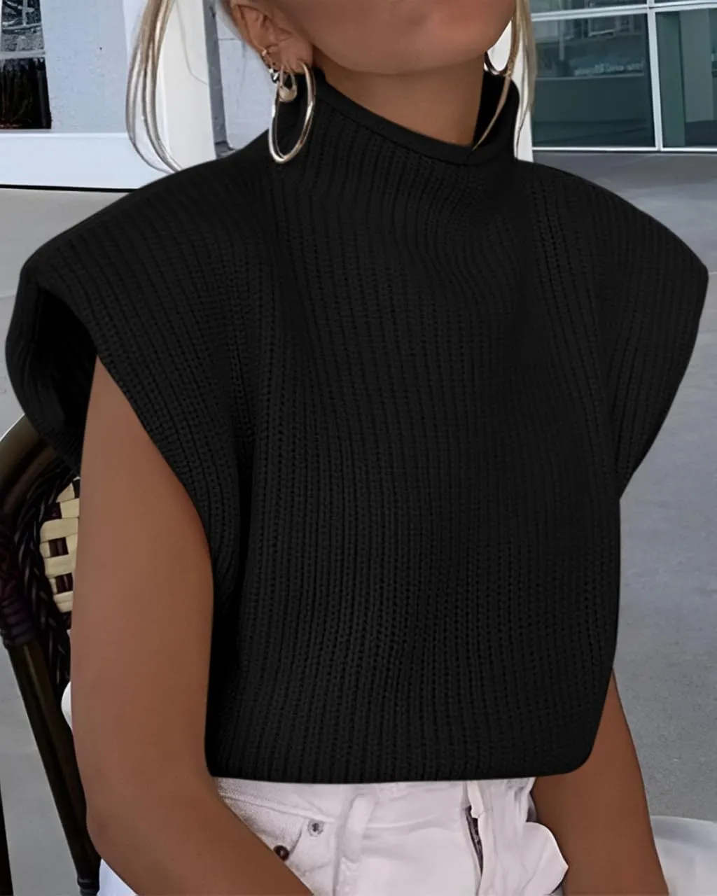 Women's Sleeveless Sweater Vest Elegant High Neck Mock Neck Cap Sleeve Knit Pullover Tank Tops