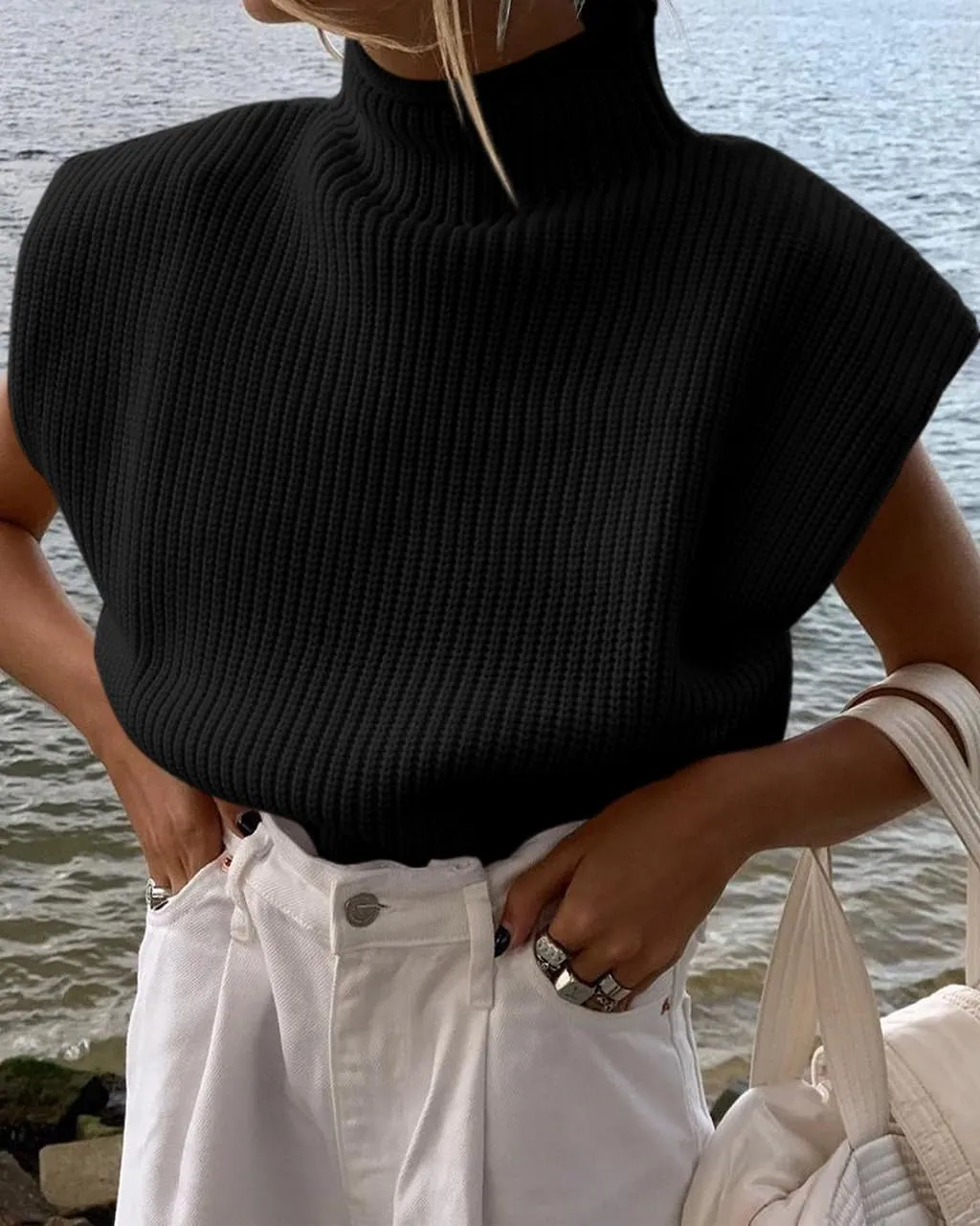 Women's Sleeveless Sweater Vest Elegant High Neck Mock Neck Cap Sleeve Knit Pullover Tank Tops
