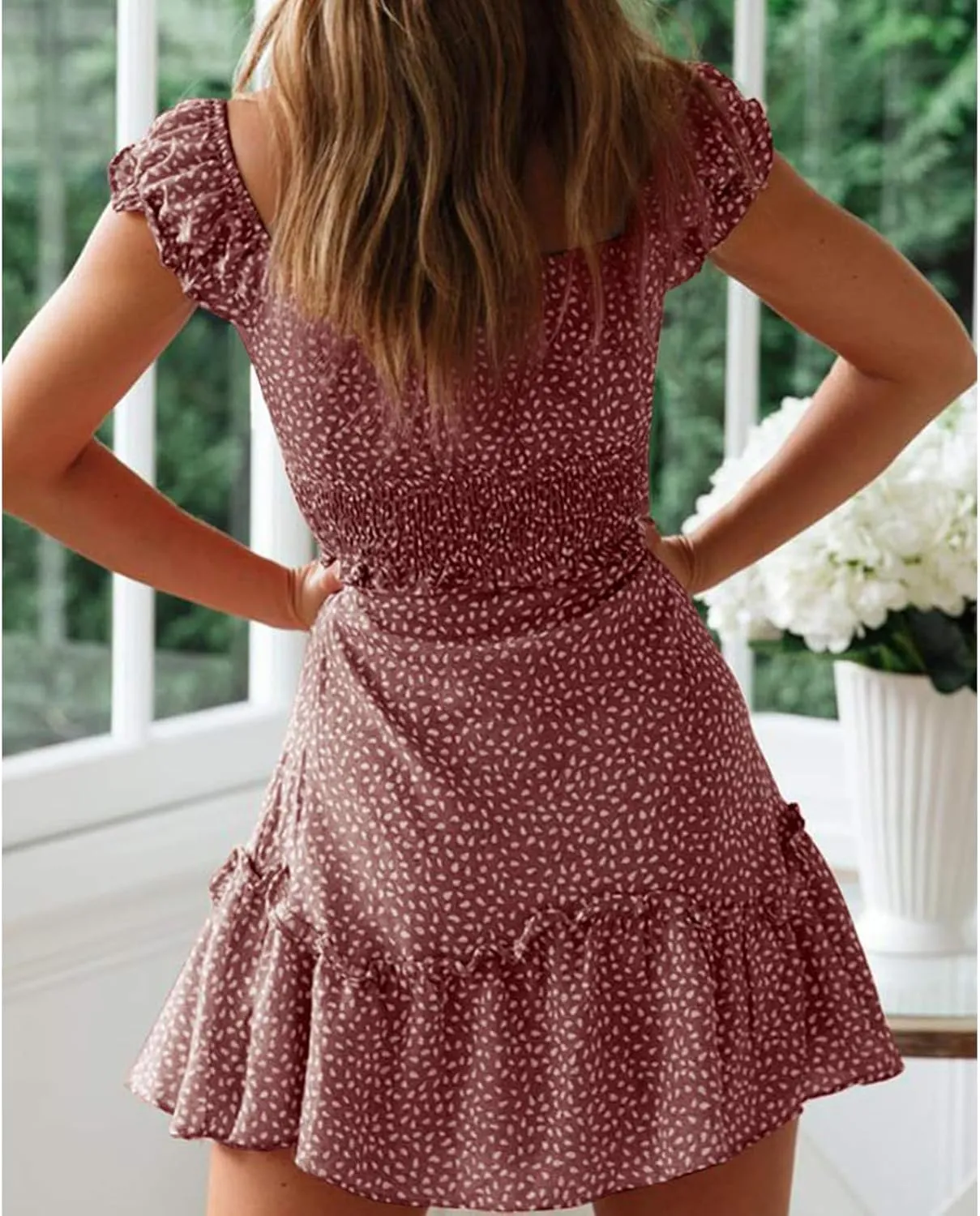 Womens Smocked Dress Summer Boho Floral Square Neck Short Sleeve Ruffle Mini Dress Casual Beach Vacation Dresses