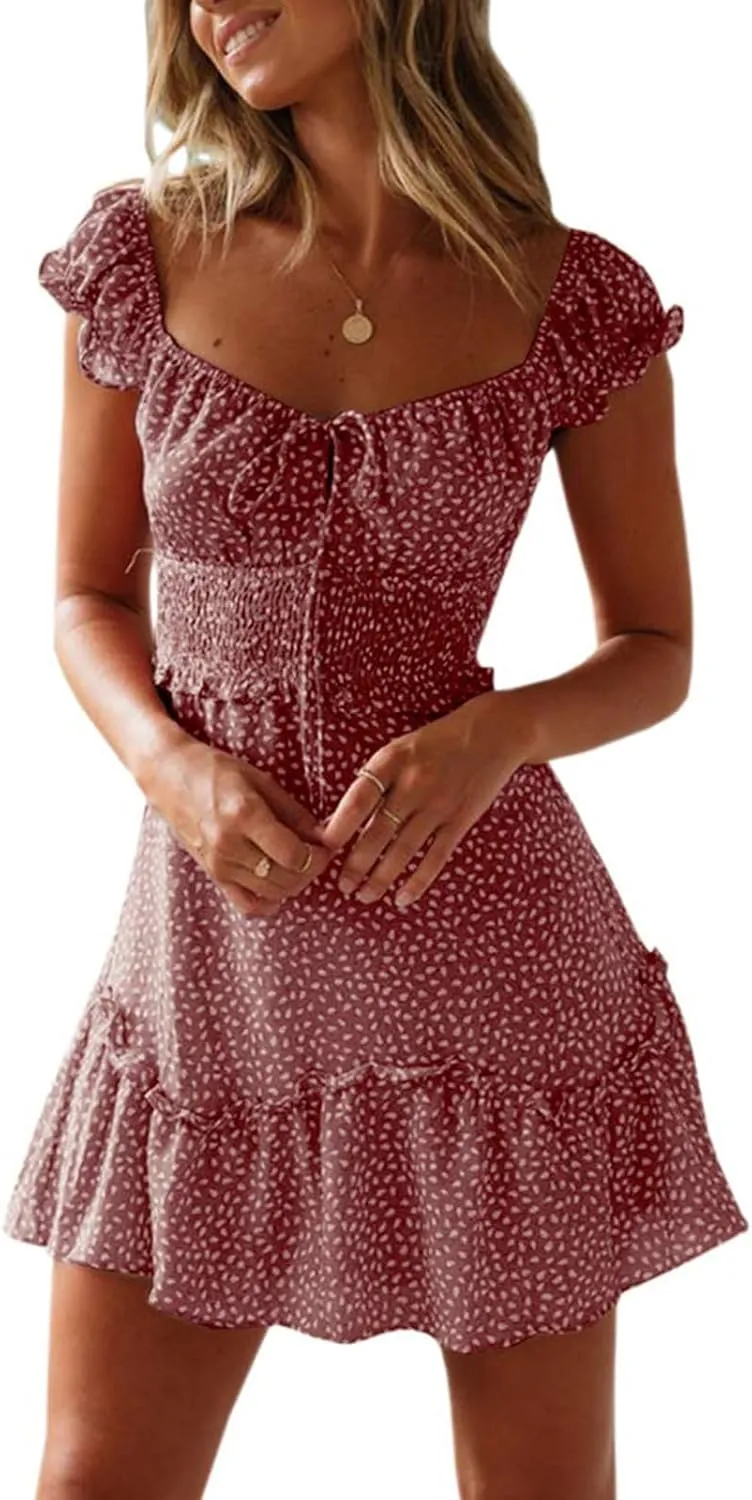 Womens Smocked Dress Summer Boho Floral Square Neck Short Sleeve Ruffle Mini Dress Casual Beach Vacation Dresses