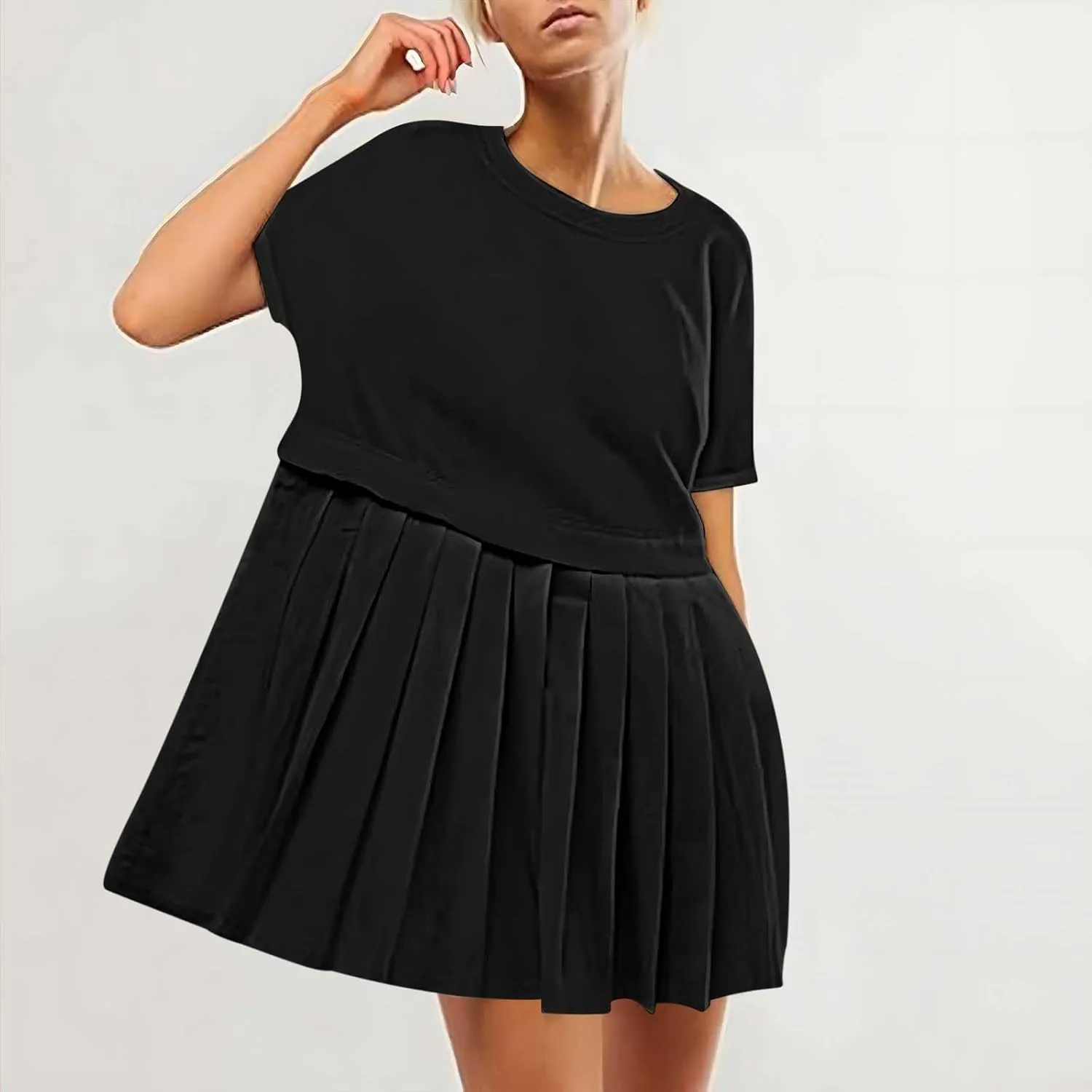 Womens Summer Crew Neck Short Sleeve Pleated Dress Solid Ruffle A Line Beach Dresses Casual Loose Fit Boho Mini Dress