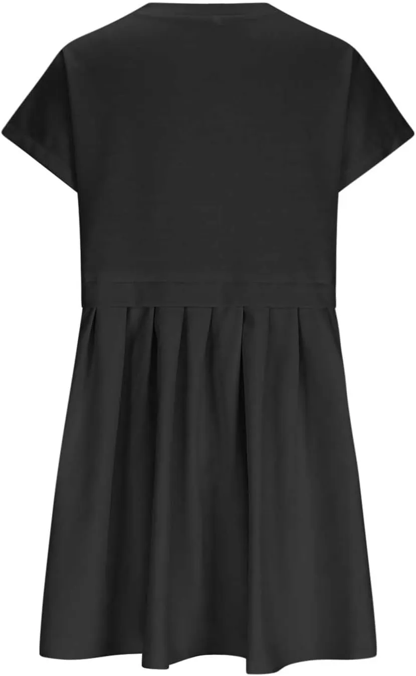 Womens Summer Crew Neck Short Sleeve Pleated Dress Solid Ruffle A Line Beach Dresses Casual Loose Fit Boho Mini Dress