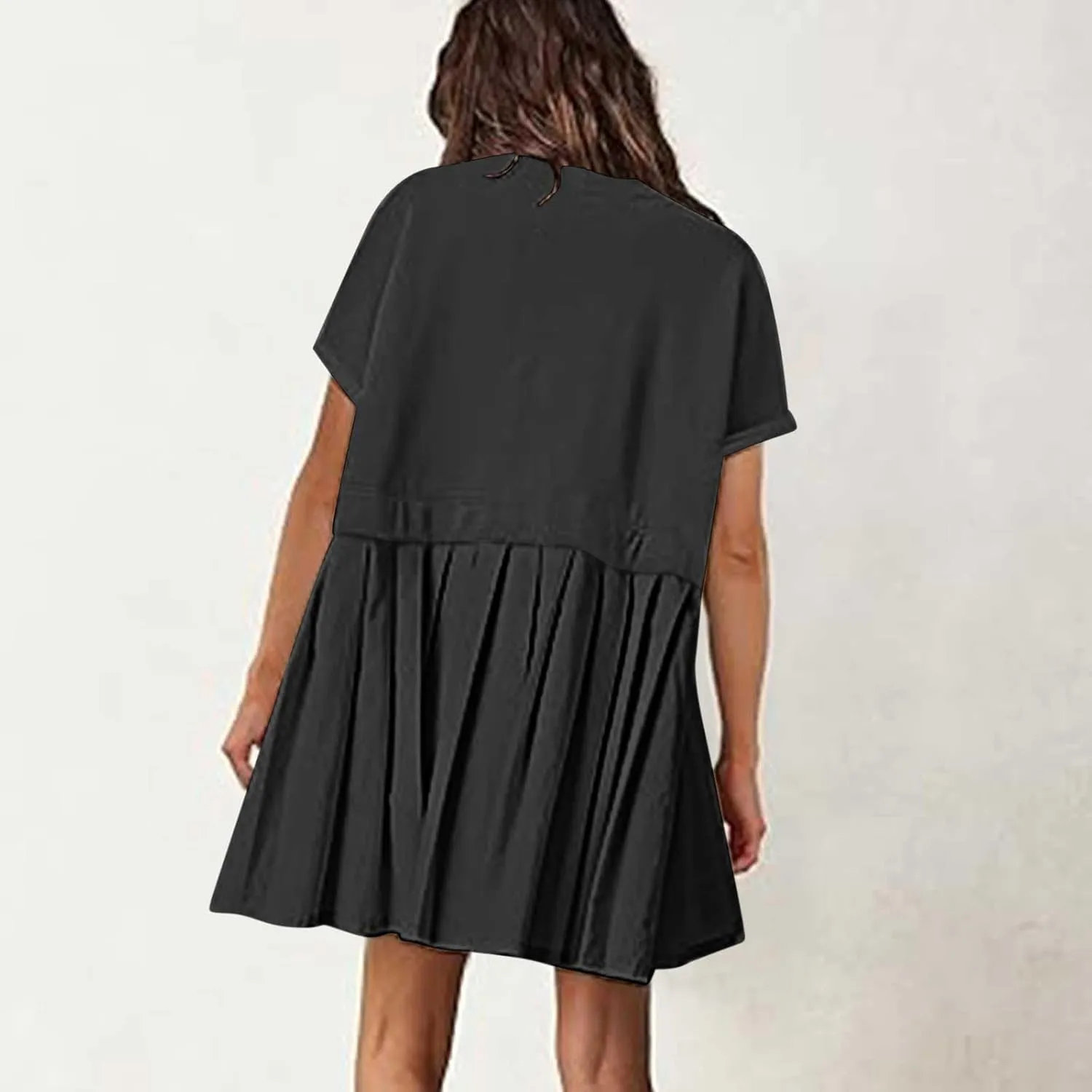 Womens Summer Crew Neck Short Sleeve Pleated Dress Solid Ruffle A Line Beach Dresses Casual Loose Fit Boho Mini Dress