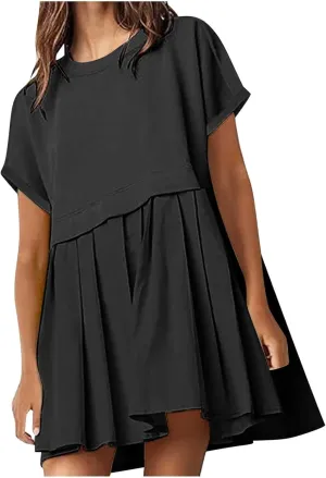 Womens Summer Crew Neck Short Sleeve Pleated Dress Solid Ruffle A Line Beach Dresses Casual Loose Fit Boho Mini Dress
