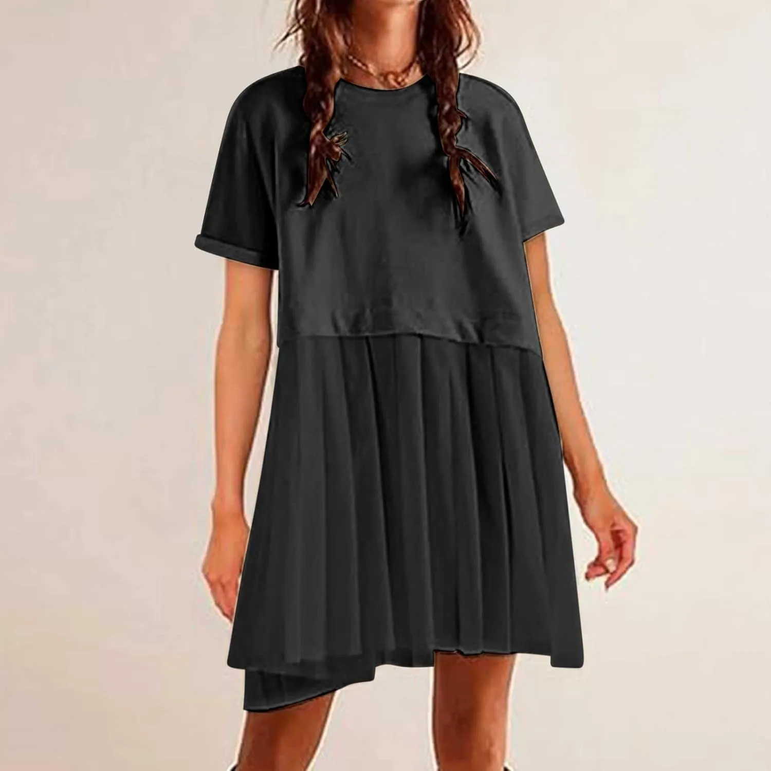Womens Summer Crew Neck Short Sleeve Pleated Dress Solid Ruffle A Line Beach Dresses Casual Loose Fit Boho Mini Dress