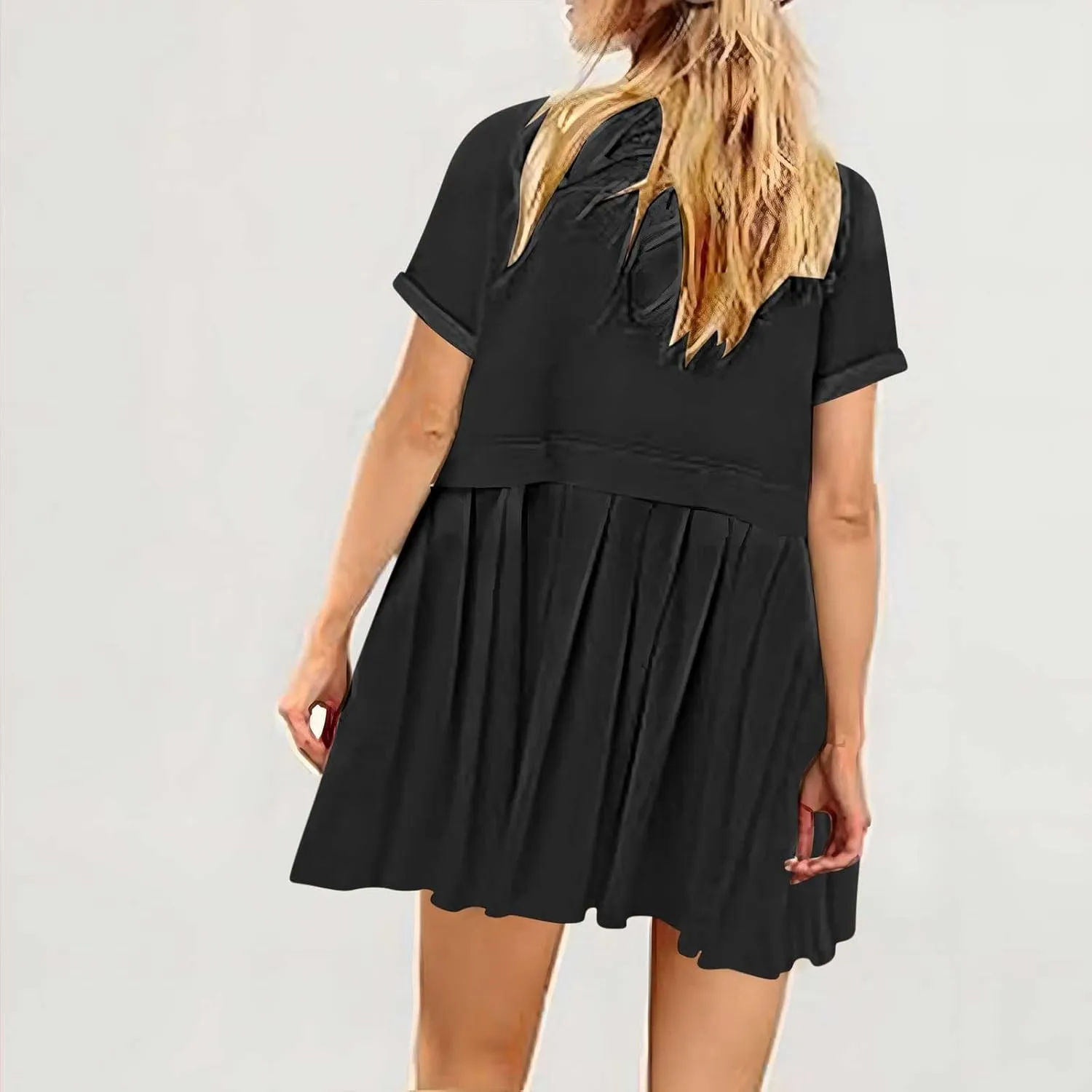 Womens Summer Crew Neck Short Sleeve Pleated Dress Solid Ruffle A Line Beach Dresses Casual Loose Fit Boho Mini Dress