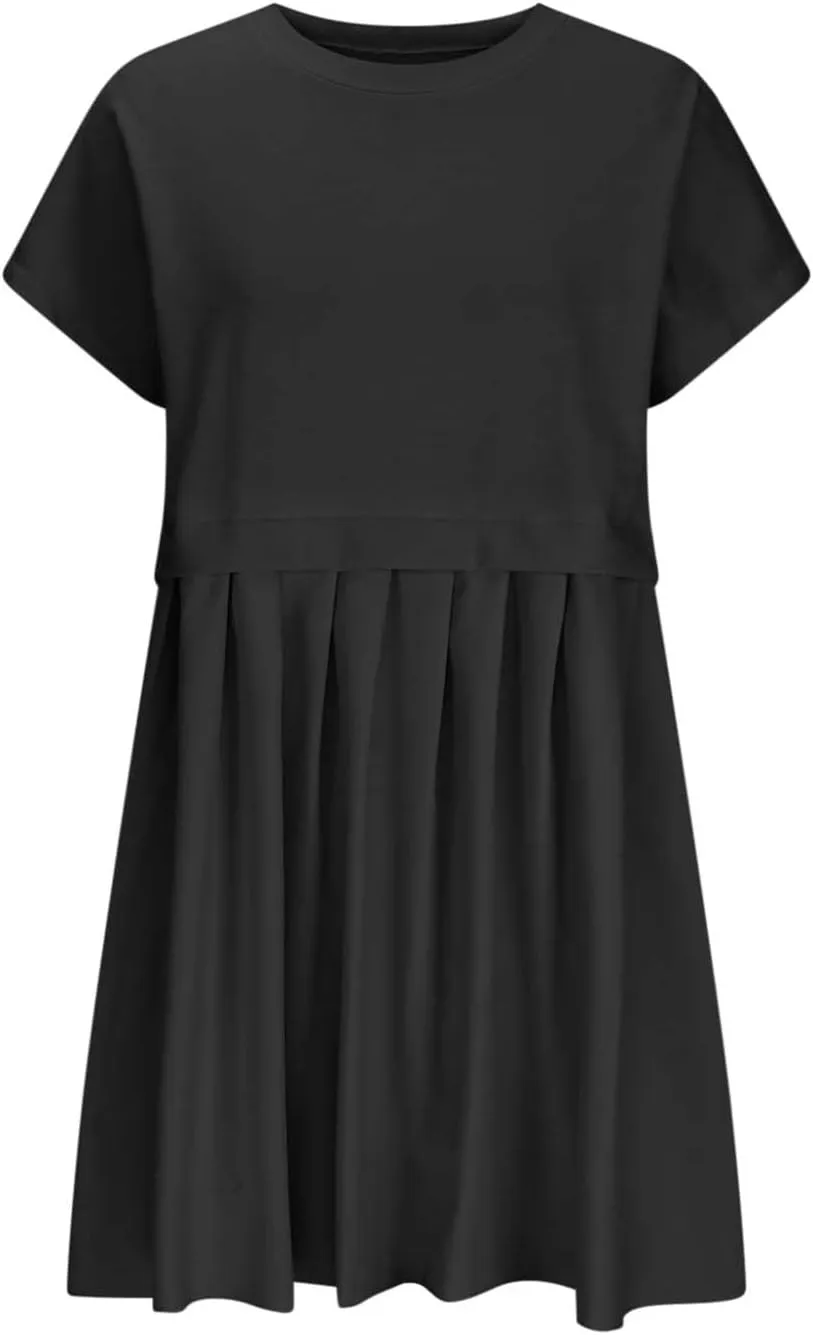 Womens Summer Crew Neck Short Sleeve Pleated Dress Solid Ruffle A Line Beach Dresses Casual Loose Fit Boho Mini Dress