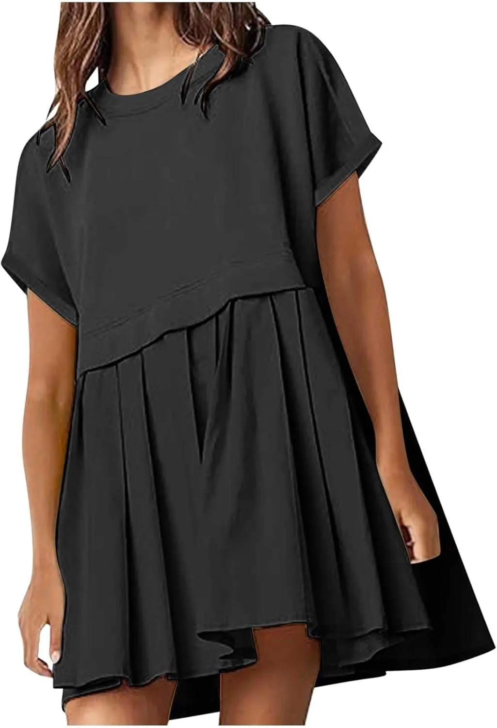 Womens Summer Crew Neck Short Sleeve Pleated Dress Solid Ruffle A Line Beach Dresses Casual Loose Fit Boho Mini Dress
