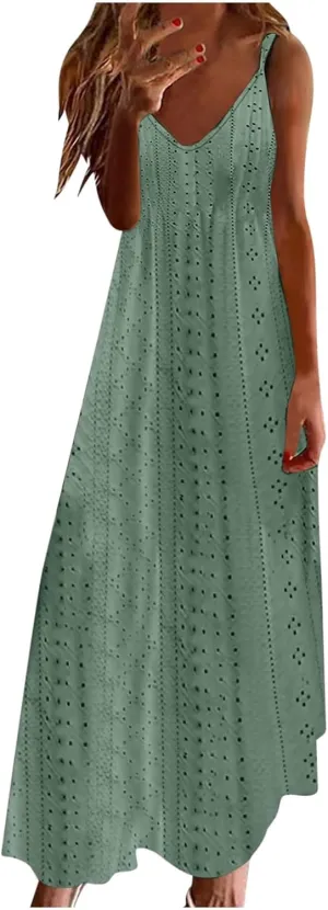 Womens Summer Dress Spaghetti Strap Long Maxi Dresses Flowy Boho Eyelet Sundresses Vacation Outfits