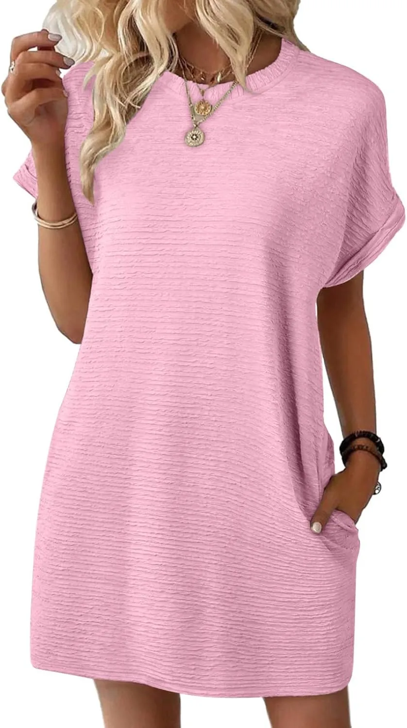 Womens Summer Dresses Fashion 2025 Short Sleeve Crewneck Mini Shirt Dress Casual Beach Vacation Sundress with Pocket