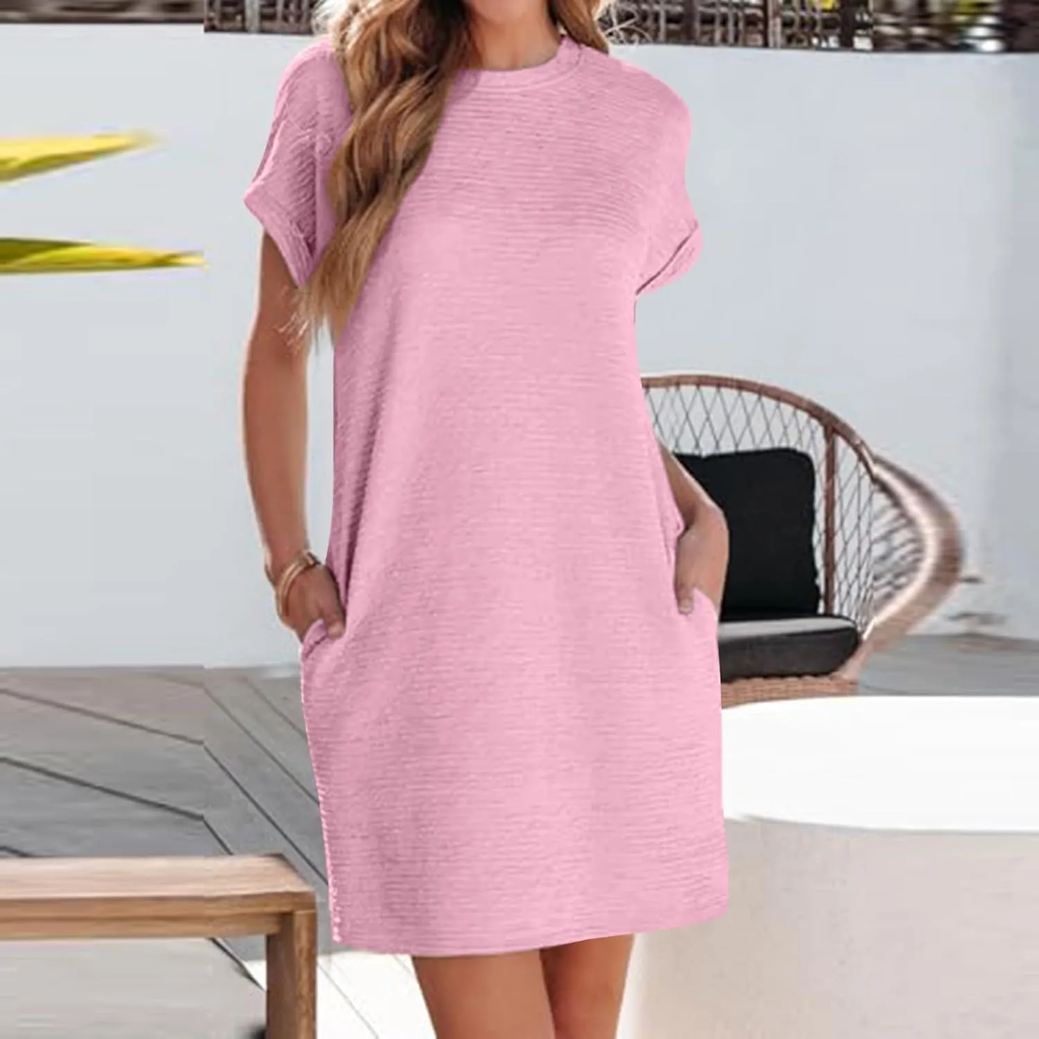 Womens Summer Dresses Fashion 2025 Short Sleeve Crewneck Mini Shirt Dress Casual Beach Vacation Sundress with Pocket