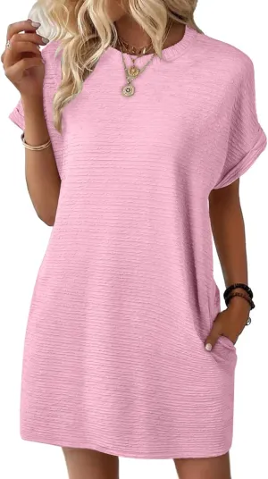 Womens Summer Dresses Fashion 2025 Short Sleeve Crewneck Mini Shirt Dress Casual Beach Vacation Sundress with Pocket
