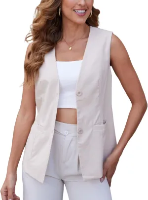 Womens Summer Linen Vest Top Waistcoat V Neck Pocket Button 2025 Work Casual Lightweight Lined Sleeveless Jacket